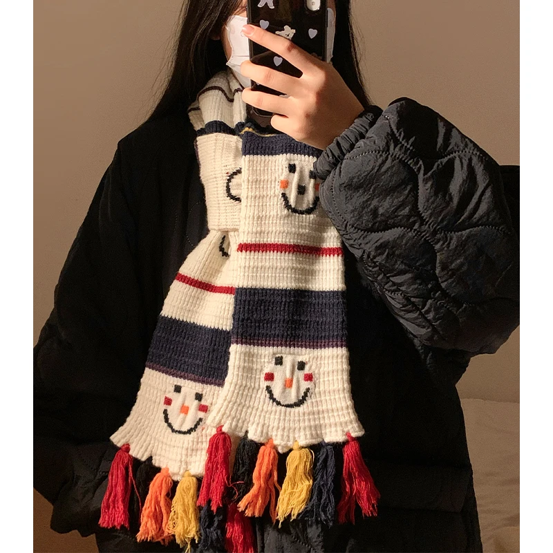 可爱笑脸彩色针织围巾女冬季保暖学生情侣加厚毛线流苏围脖氛围感