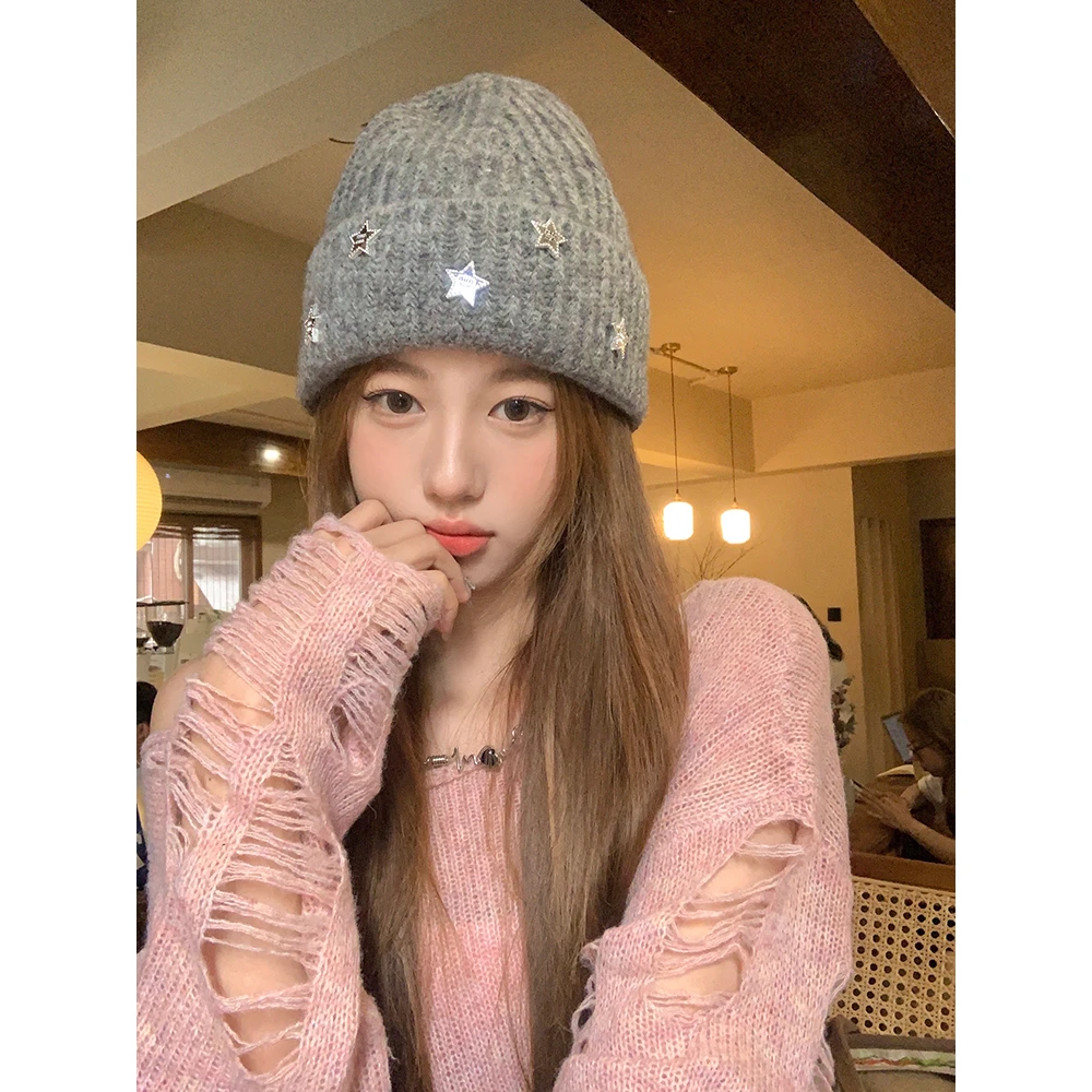 灰色毛线帽女大头围秋冬显脸小宽松护耳保暖包头冷帽黑色帽子新款