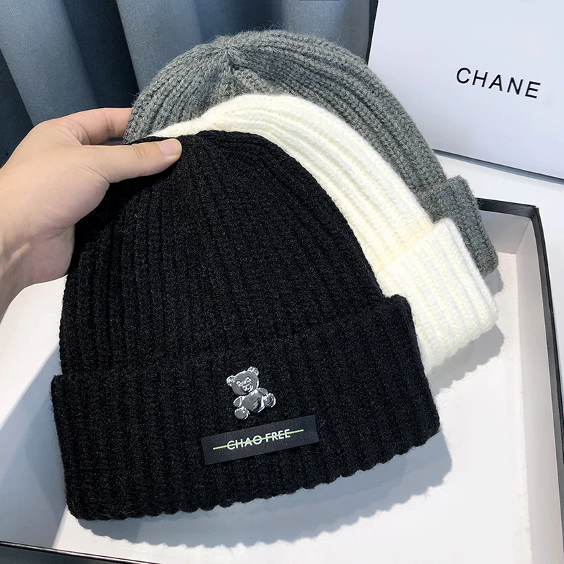 小熊布贴毛线帽女秋冬日系护耳保暖针织帽子男大头围显脸小针线帽