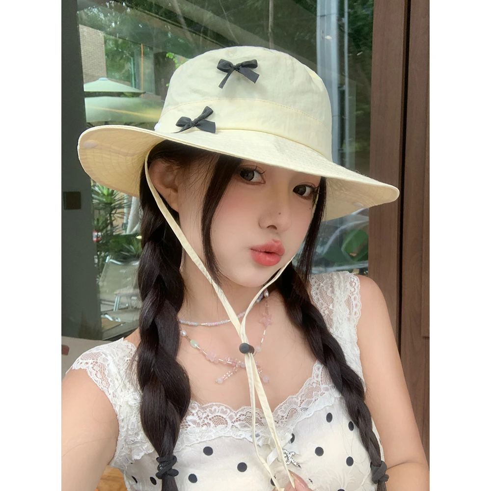 韩版蝴蝶结渔夫帽女夏季2024新款纯色甜美户外透气速干遮阳帽爬山