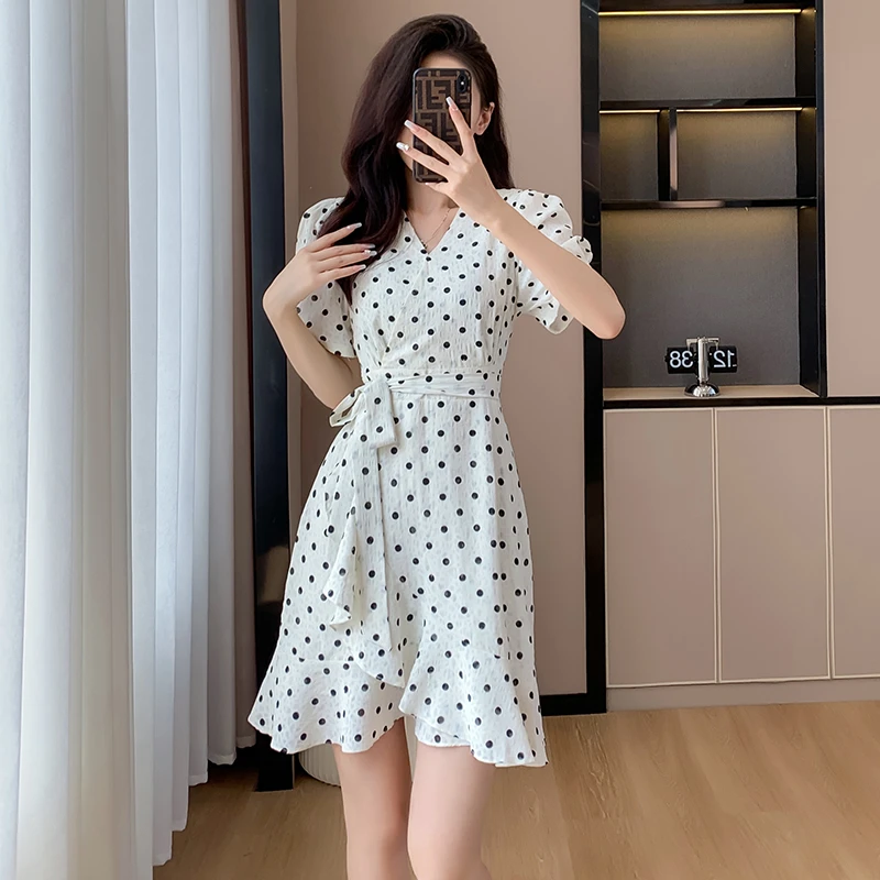 夏季新款法式时尚印花V领波点绑带收腰显瘦长短款开叉鱼尾连衣裙