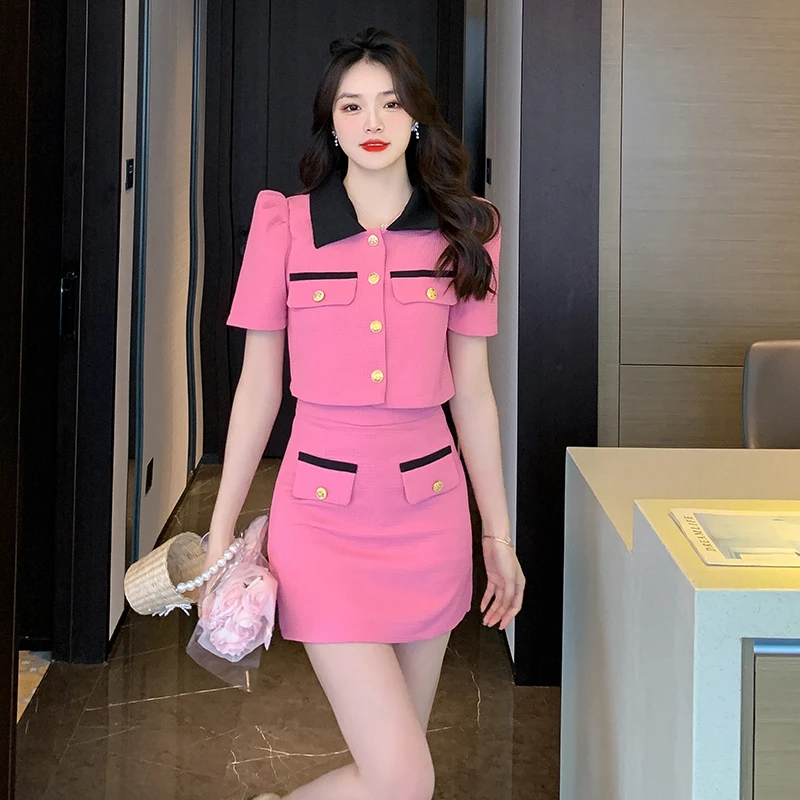 减龄小香风套装女夏季时尚甜美显瘦翻领拼接上衣包臀半身裙两件套