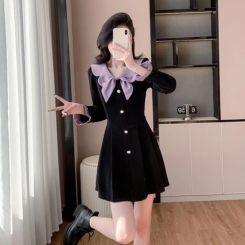 早春新款甜美减龄蝴蝶结领收腰显瘦短款A字小个子连衣裙小黑裙女