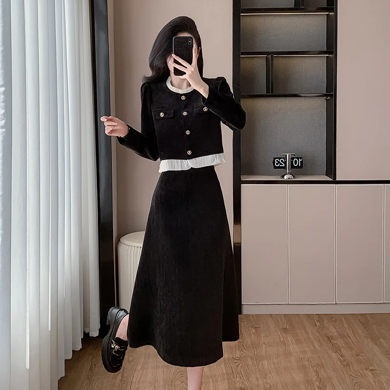 秋冬新款雪尼尔圆领荷叶边上衣长款半身裙小香风减龄两件套装裙