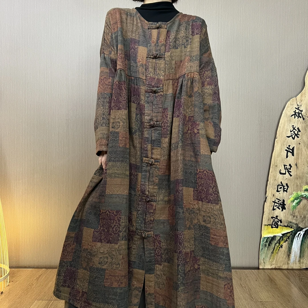 春秋新款98057炒色做旧气质时尚复古中长款盘扣百搭盘扣连衣裙