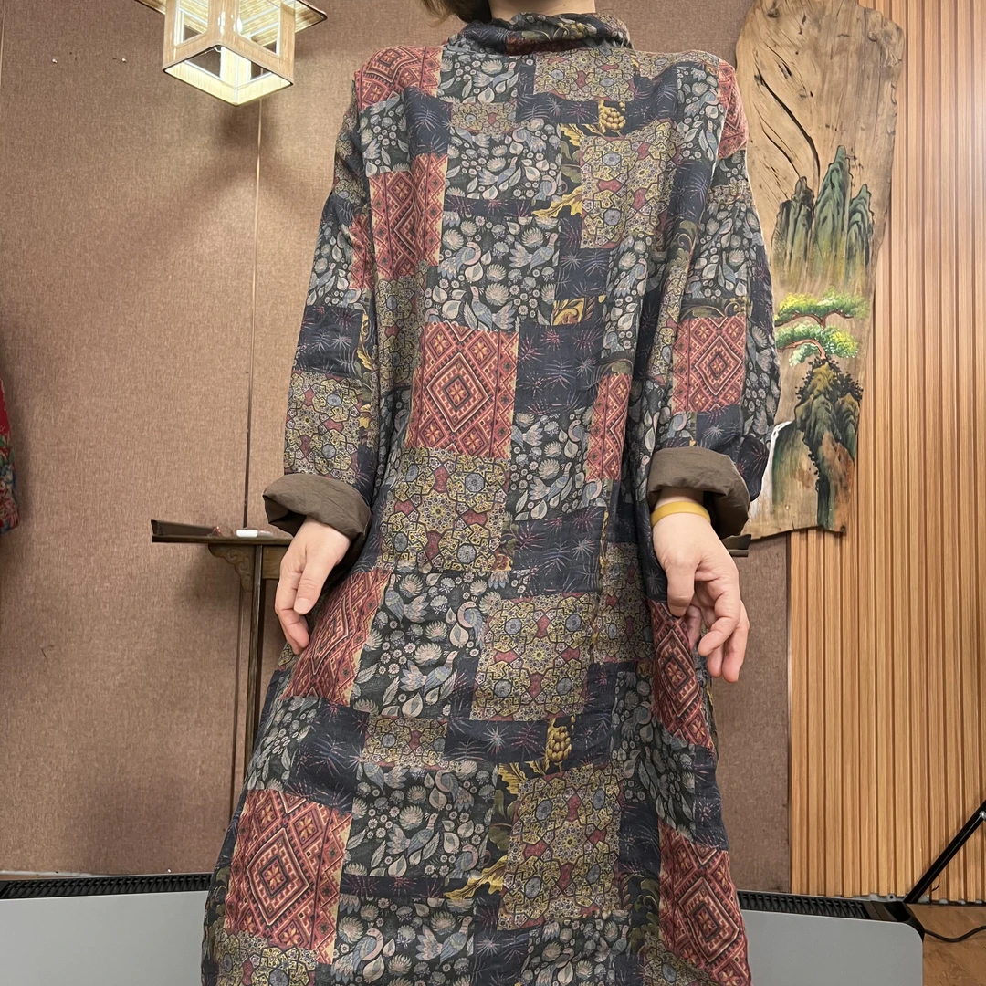 春秋新款5232炒色做旧苎麻双层堆堆领休闲百搭复古时尚气质袍子