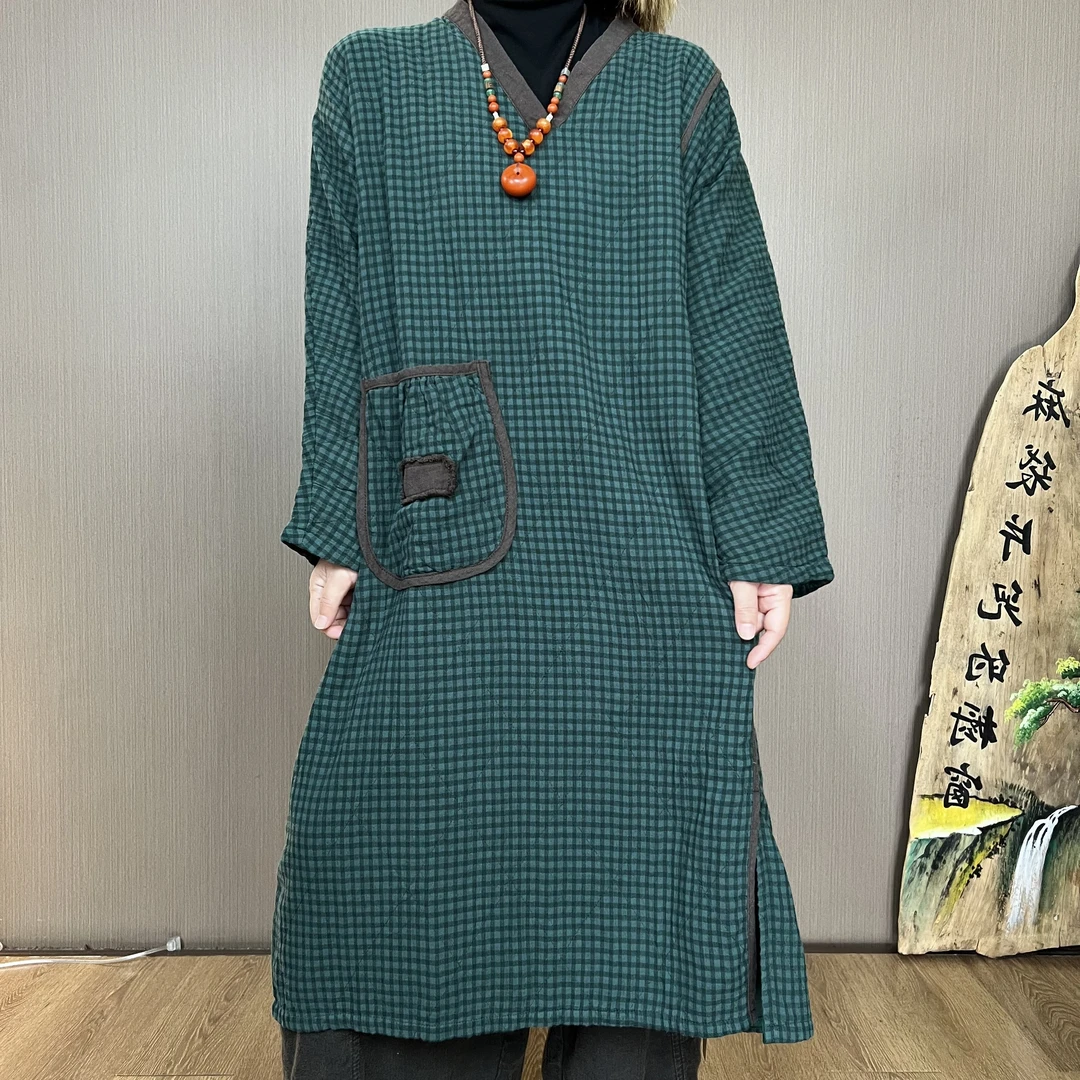 冬季新款8820炒色做旧气质时尚复古格子V领休闲百搭中长款袍子