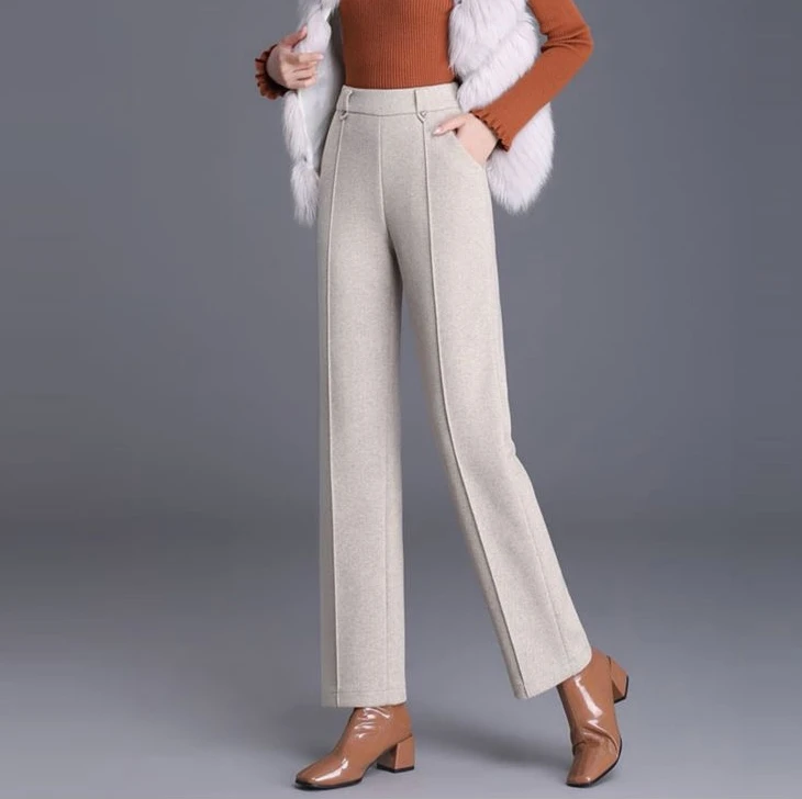 毛呢垂感直筒裤女秋冬季加厚新款高腰宽松显瘦中年妈妈百搭呢子裤