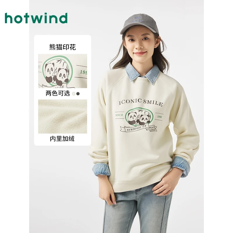 2025年冬款女士熊猫插画师图案圆领加绒卫衣简约休闲上衣