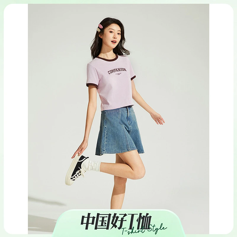 热风2024年夏季新款女士字母短款短T恤撞色牛仔潮流舒适F01W4200