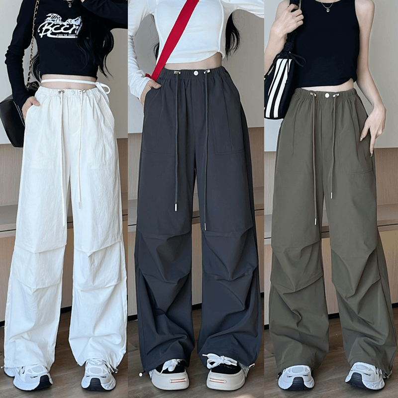 秋季新款~美式复古抽绳工装裤薄款伞兵裤宽松休闲显瘦速干阔腿裤