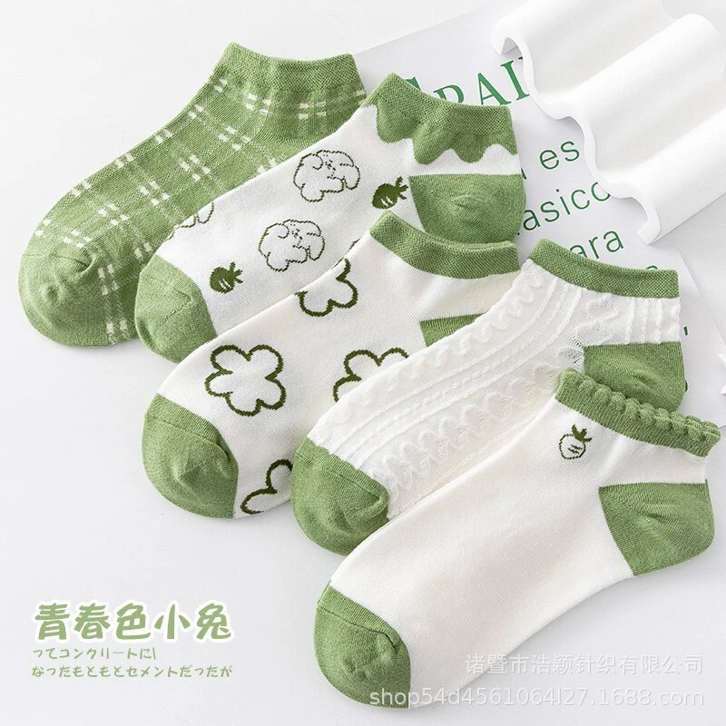 绿色卡通兔子袜子女运动ns潮短袜秋季棉袜百搭网红潮袜薄可爱花边