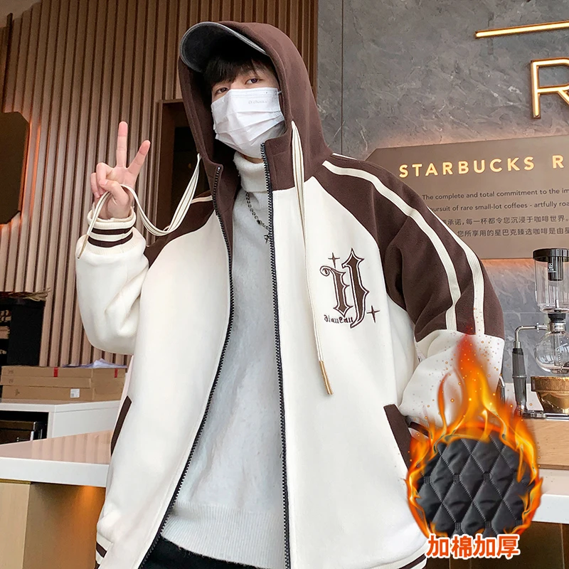 秋冬季新款奥粒绒连帽加厚夹克外套青少年潮流百搭时尚刺绣夹克