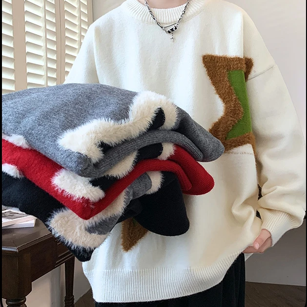 秋冬季新款五角星休闲毛衣青少年百搭圆领套头长袖毛绒针织打底衫