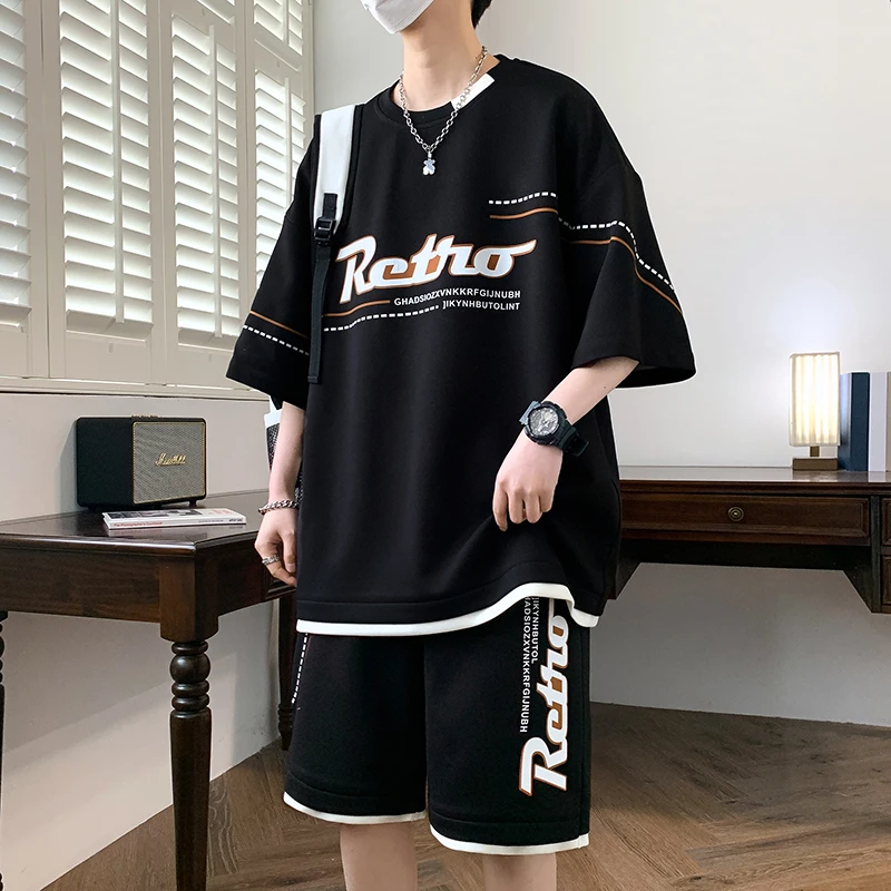 夏季新款男孩学生潮牌时尚半袖上衣印花透气套装帅气休闲短袖一套