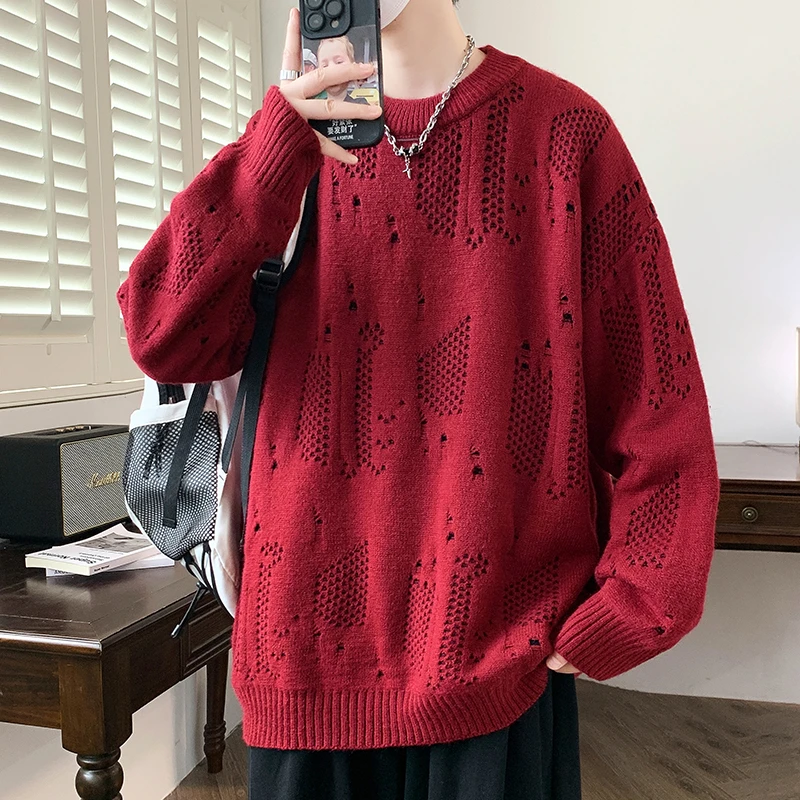 秋冬季新款纯色休闲毛衣青少年长袖针织衫上衣男生圆领套头毛衣