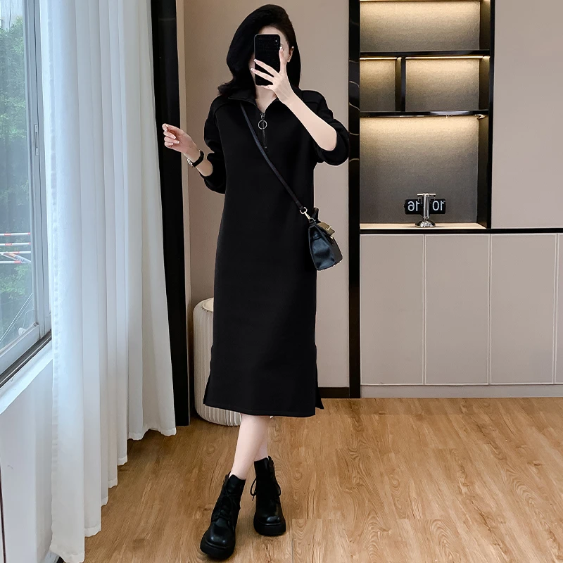高端气质卫衣连衣裙2025秋冬时尚大码立领宽松显瘦长袖裙子百搭