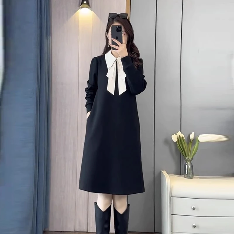 秋冬季新款大码宽松时尚中长裙子长袖设计感打底连衣裙女装