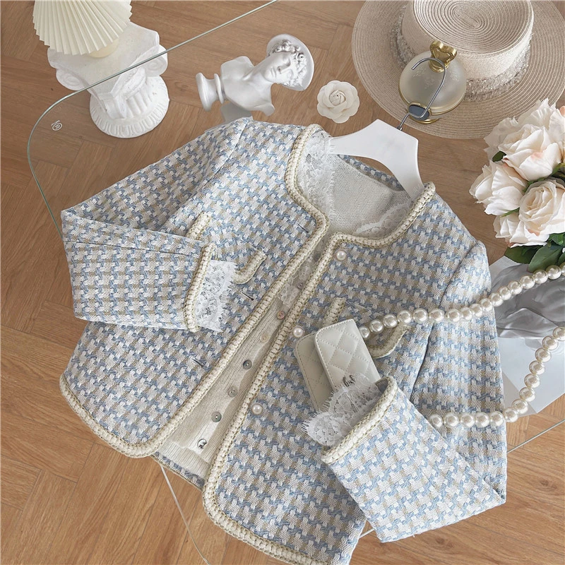 百搭春秋外套儿童小香风洋气外套韩版格子女童粗百搭上衣77057