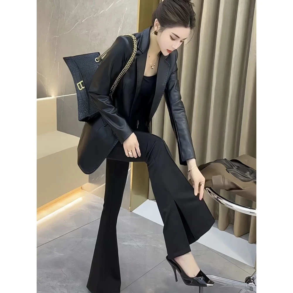 爆款时尚皮U西服外套女2023春季新款欧货气质黑色显瘦U皮西装