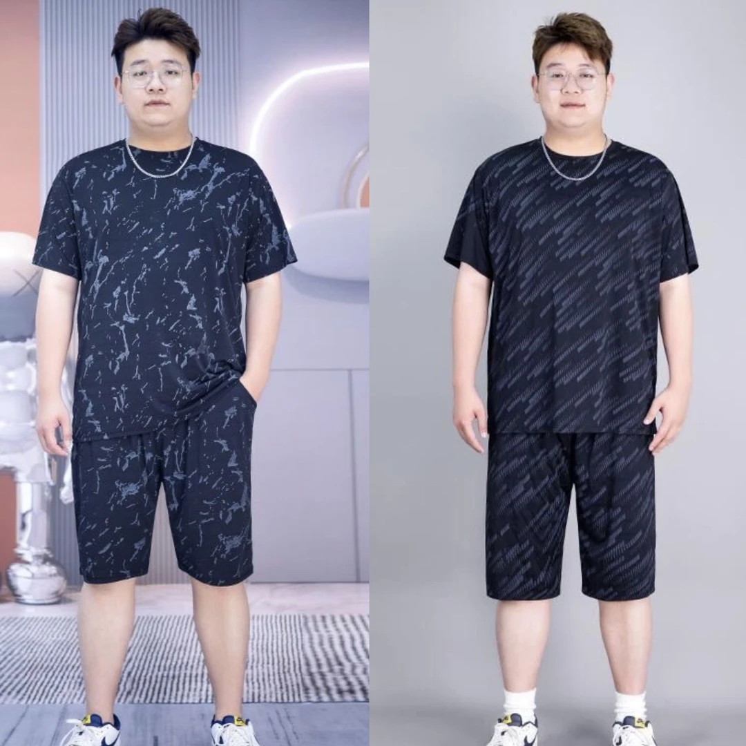 夏季冰丝薄款短袖T恤男加肥加大码宽松运动弹力短裤黑色迷彩套装