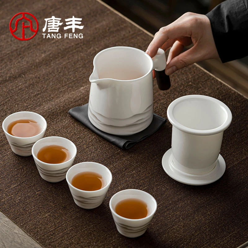 唐丰羊脂玉瓷远山快客杯一壶四杯户外旅游车载便携式茶壶旅行茶具