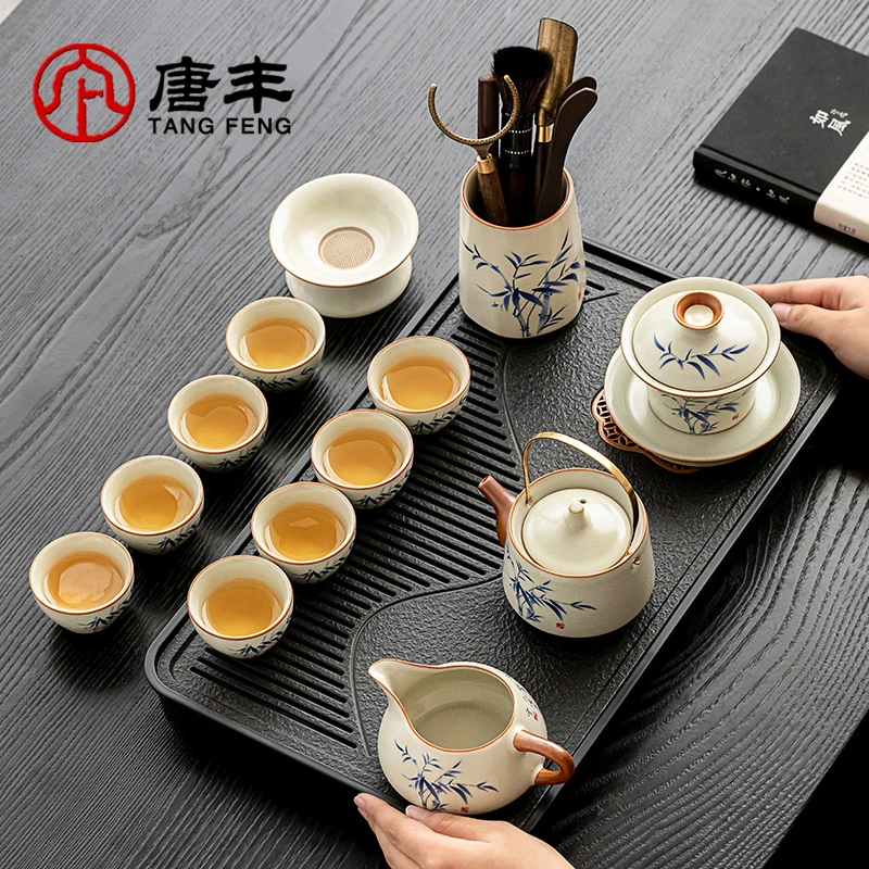 唐丰新款汝窑竹韵提梁泡茶壶茶具套装茶台家用办公室防烫茶杯中式