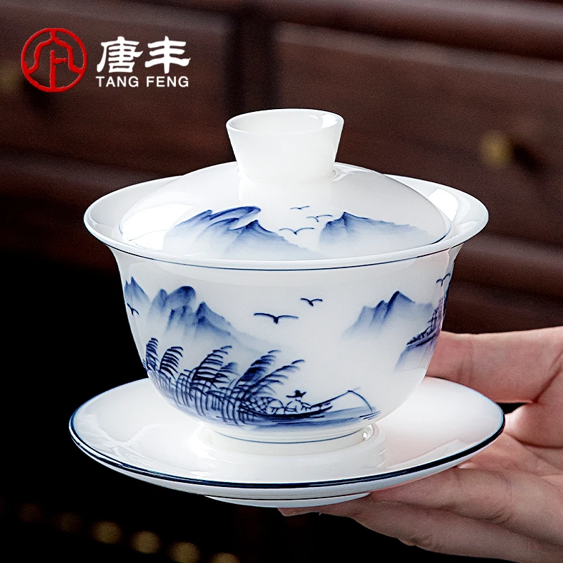 唐丰手绘悬停盖碗羊脂玉瓷家用高档防烫泡茶大号盖碗200-盖碗茶具