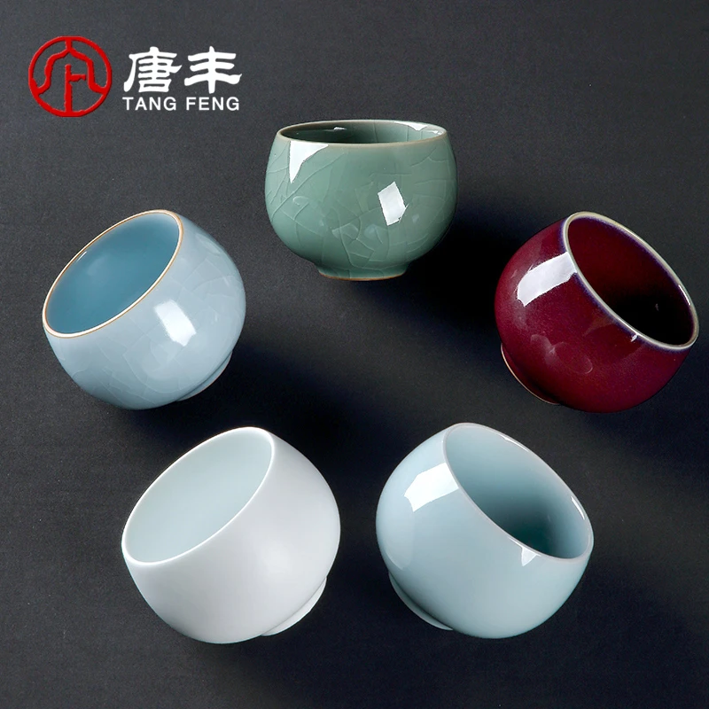 唐丰五大名窑陶瓷品茗杯茶杯套装普洱汝窑开片可养主人杯茶盏复古