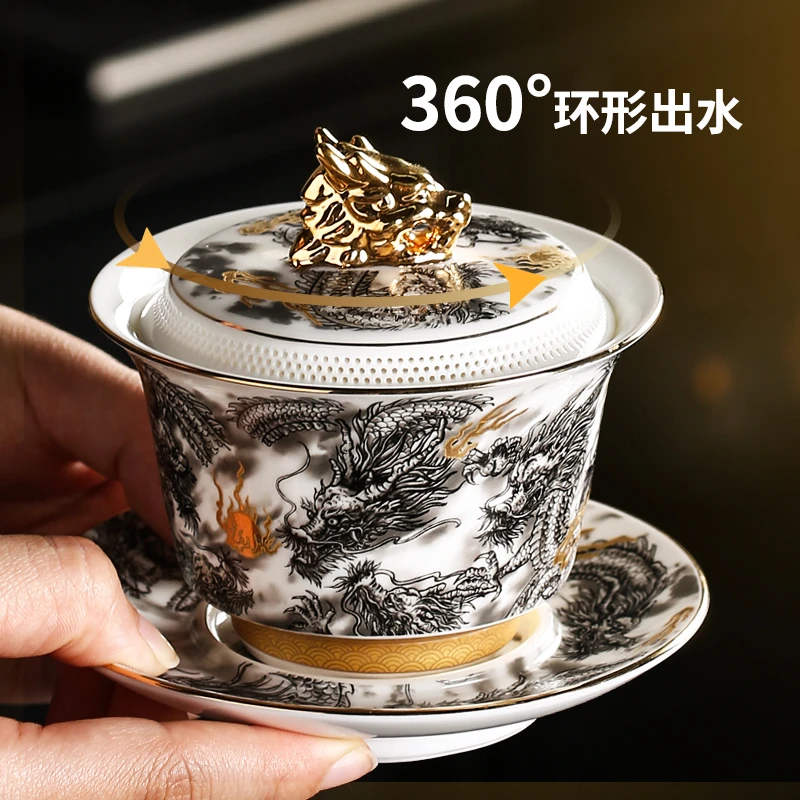 唐丰麒麟拓金墨龙羊脂玉描金三才盖碗茶具360°出水高端家用茶盖碗