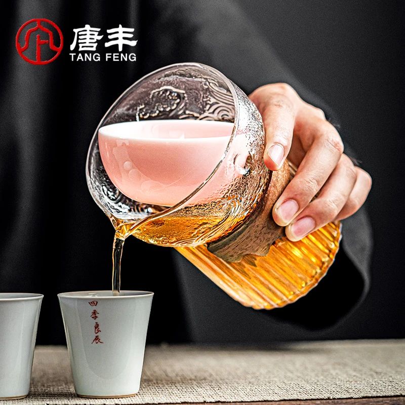 唐丰轻奢公道杯家用耐热过滤日式带盖透明加厚锤纹创意简约高硼硅