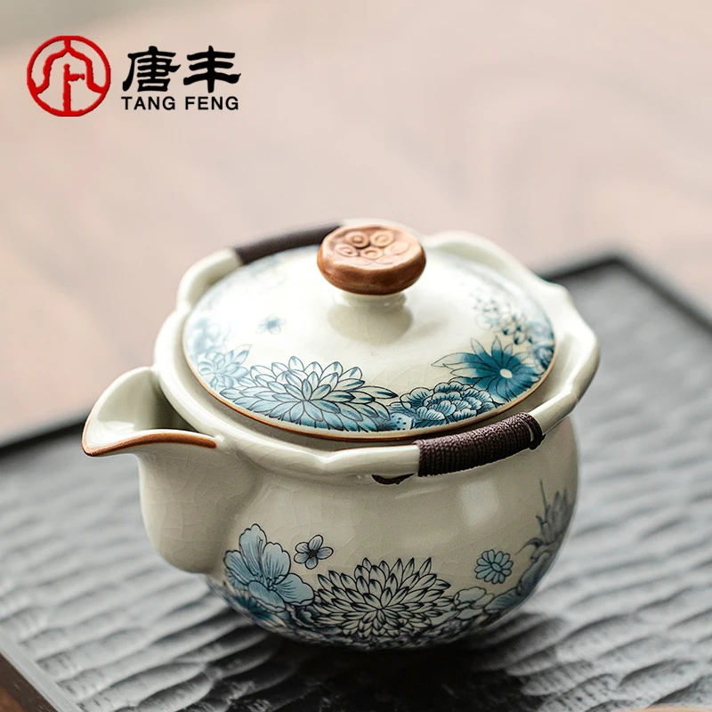 汝窑青花大容量手抓壶家用办公室中式盖碗带盖过滤便携旅行茶具