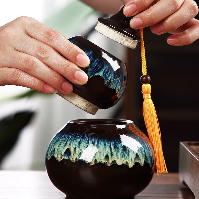 唐丰窑变葫芦茶叶罐手工复古创意中式便携茶道储存带盖醒茶日式