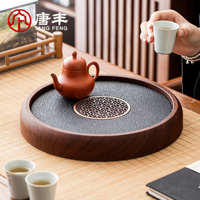 唐丰圆形干泡茶台家用茶托盘新中式小型仿乌金石茶盘爆款干泡盘