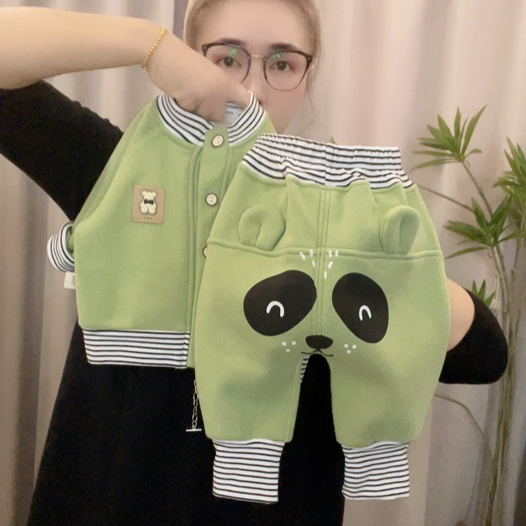 秋冬宝宝分体加绒卡通屁屁裤套装婴幼儿童加绒保暖两件套外出服