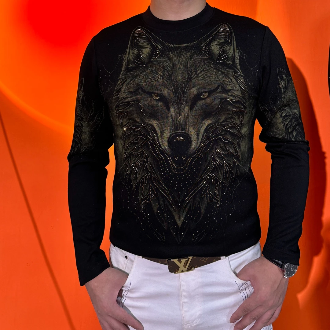 狼行天下圆领修身加绒款轻奢印花卫衣时尚套头长袖秋冬款男士休闲