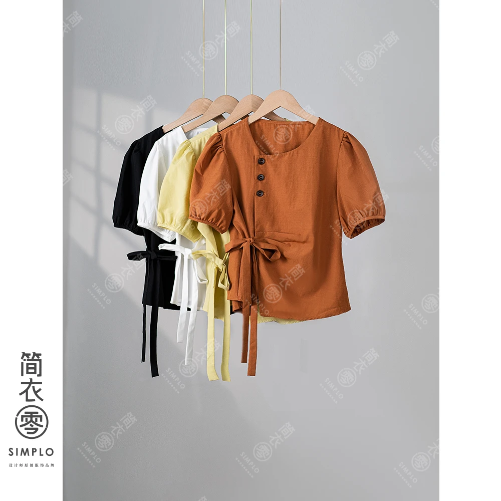 小衫夏装系带褶皱衬衣三颗扣泡泡袖衬衫