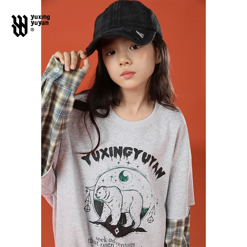 雨星雨嫣女童秋季卫衣拼接衬衫袖2025新款中大童浅色显活力百搭潮