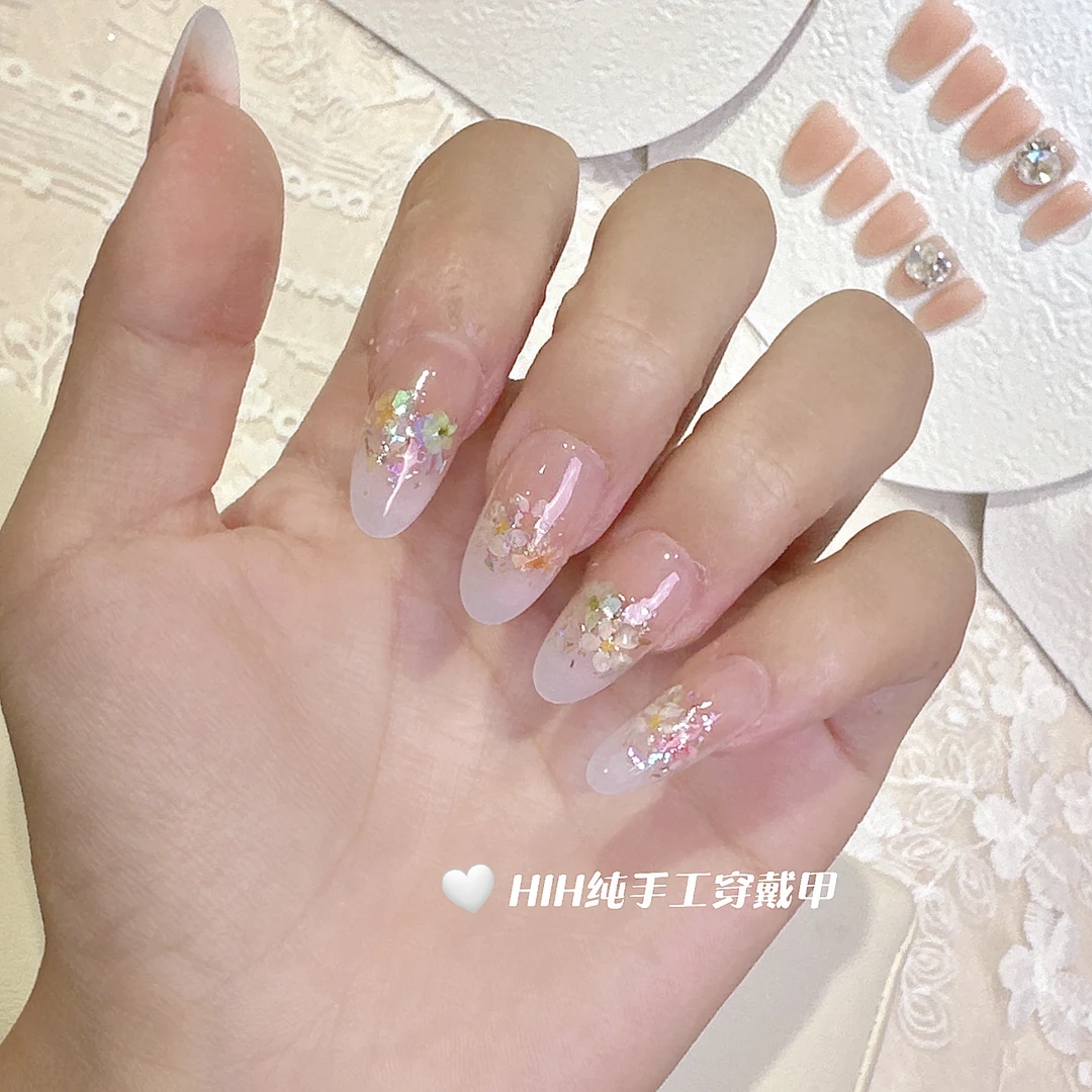 ❀雨露花园❀纯手工穿戴甲纯欲夏日气质裸色干花爆闪渐变时尚推荐