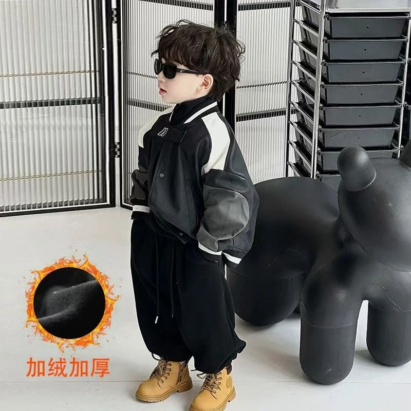 男童加绒加厚外套秋冬韩版男童棒球服外套休闲拼接皮衣男童上衣潮