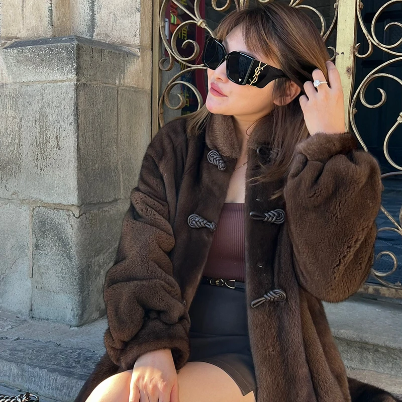 【CK6810】时尚进口新款冬季水貂长款美拉德新中式翻领外套