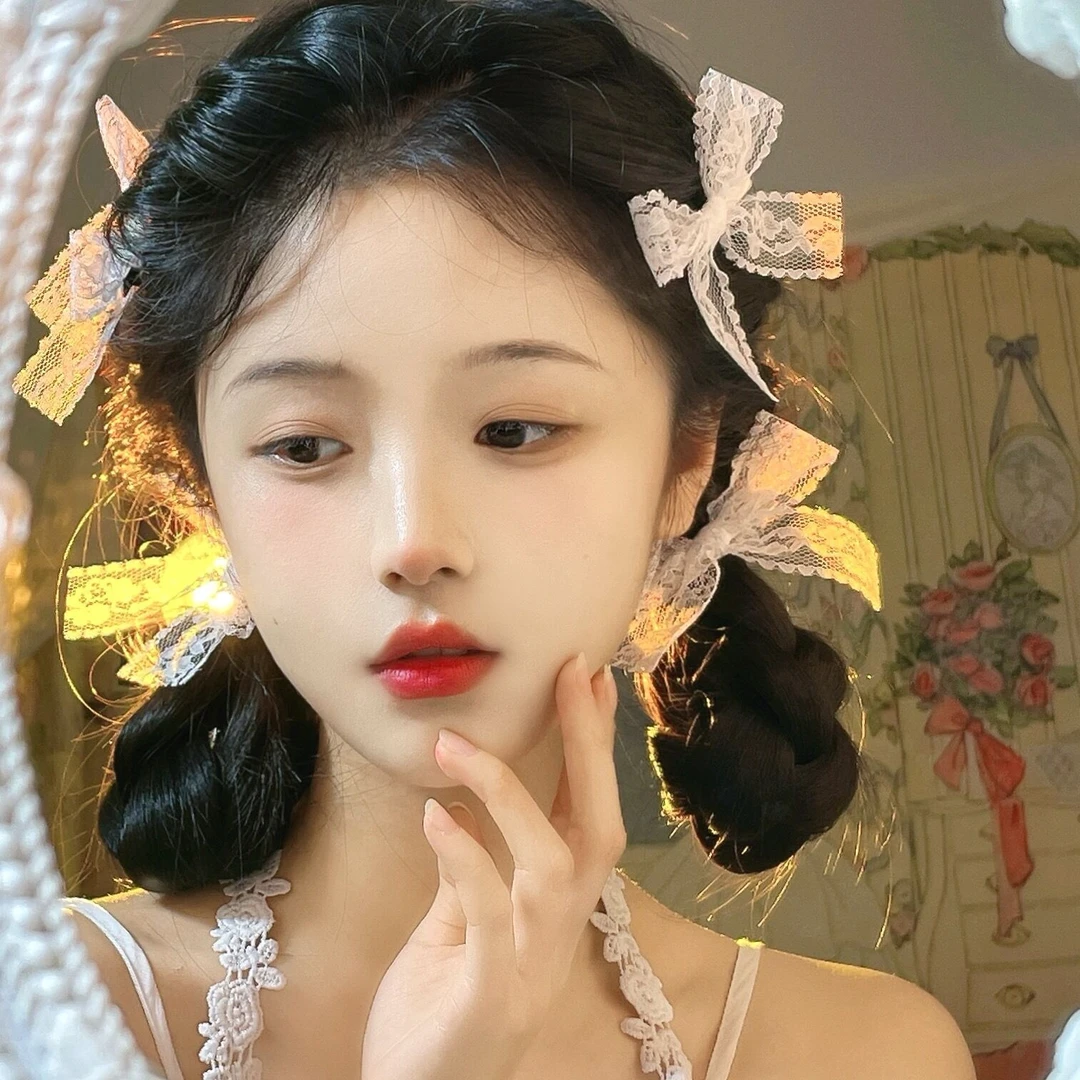 Lolita白色蕾丝蝴蝶结发夹造型编发芭蕾风仙女边夹刘海侧边夹发饰