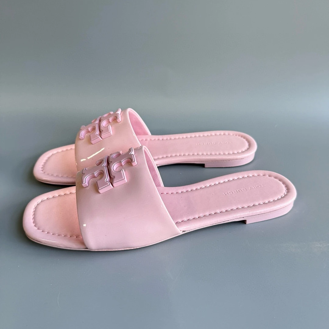全新未使用 TORY BURCH/汤丽柏琦 023粉色女拖鞋 里外全皮