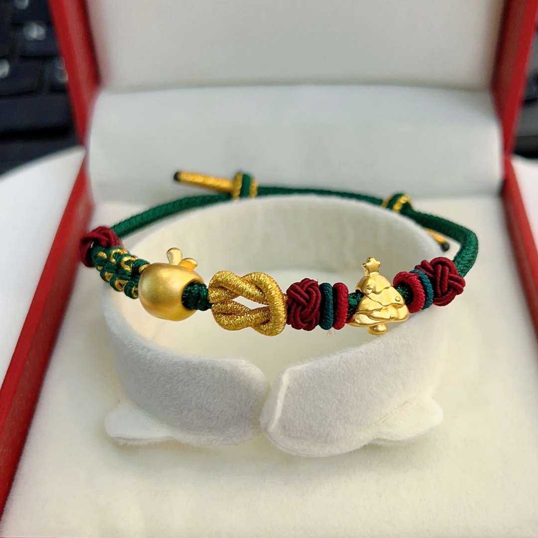 【雨文珠宝】足金999圣诞节苹果圣诞树黄金转运珠手绳时尚手工编绳