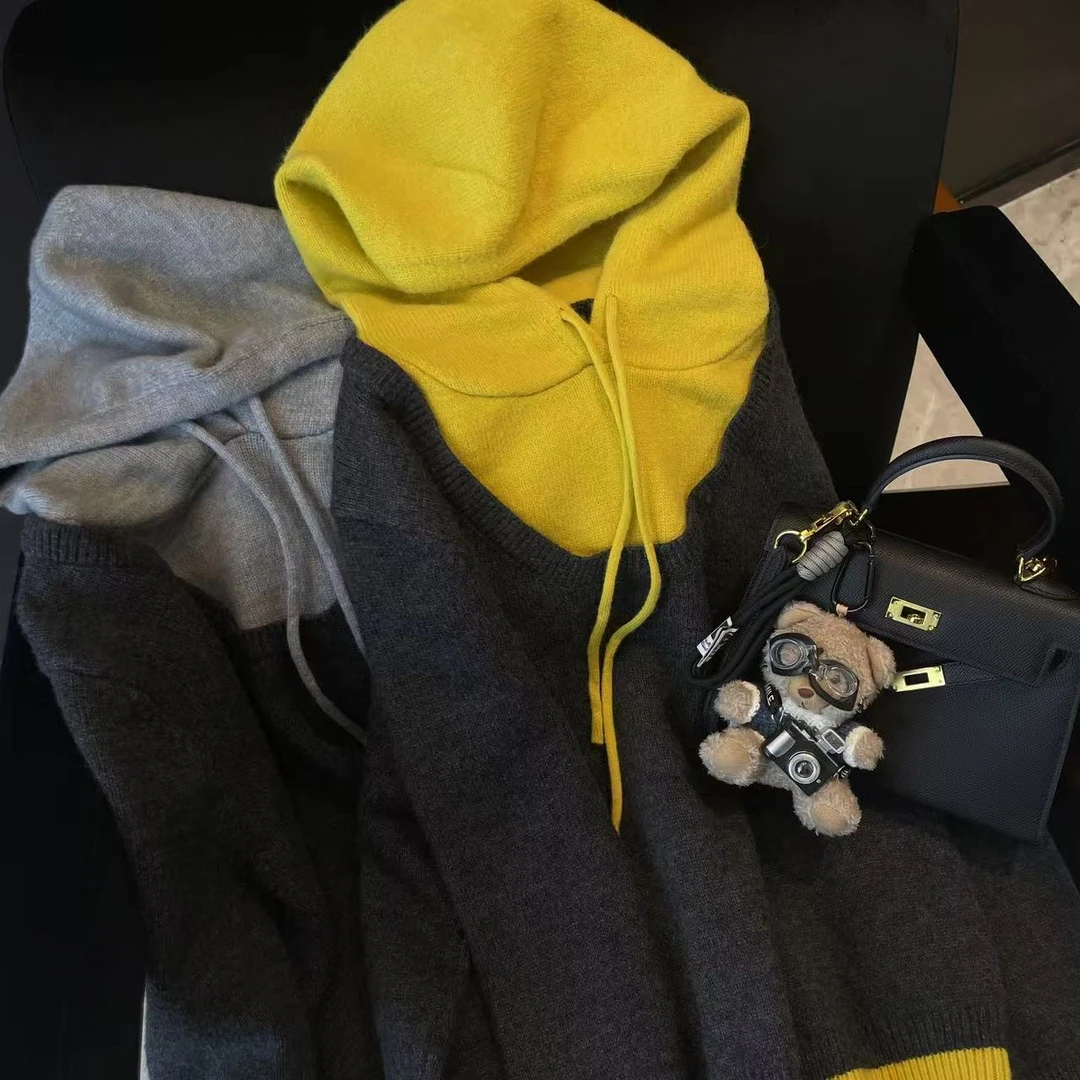 Barbie 辣酱 【半糖】冬季新款韩系带帽针织假两件套头毛衣 7281