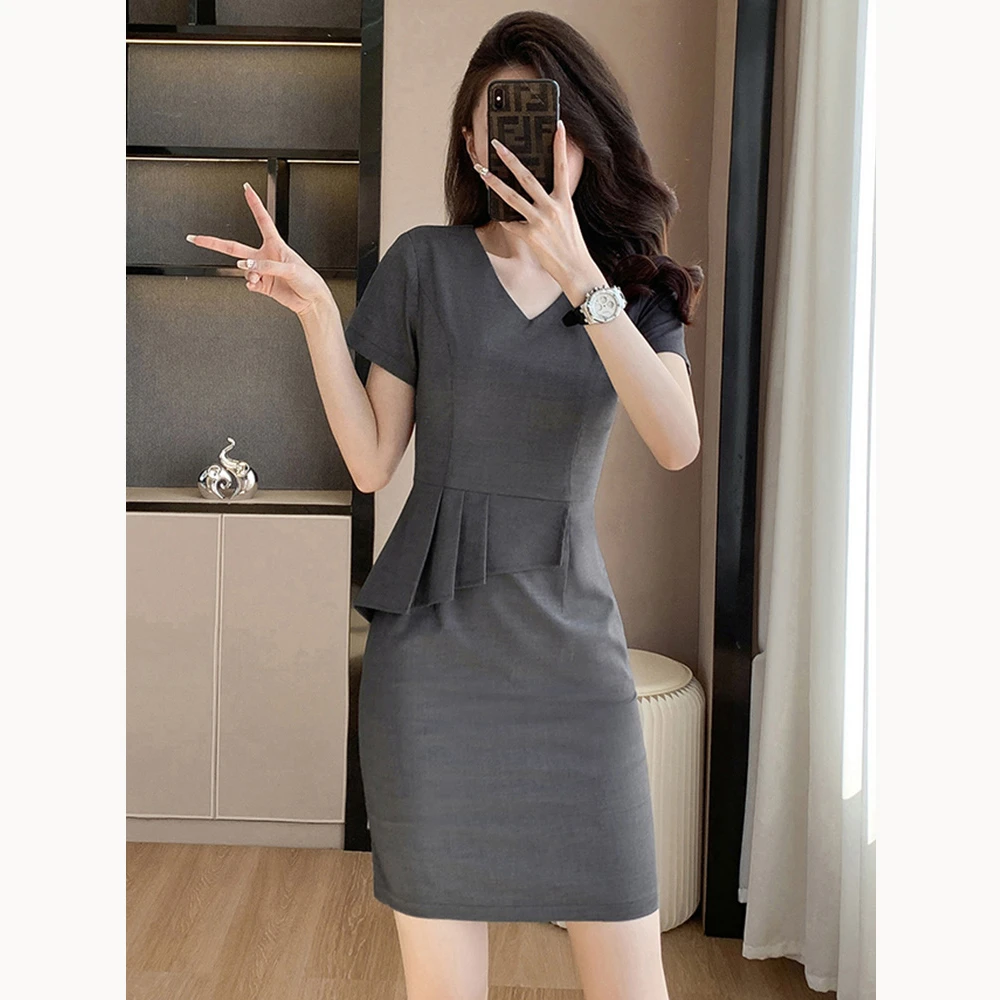 短袖连衣裙女2025新款职业工装裙子夏天珠宝店美容院前台工作服薄