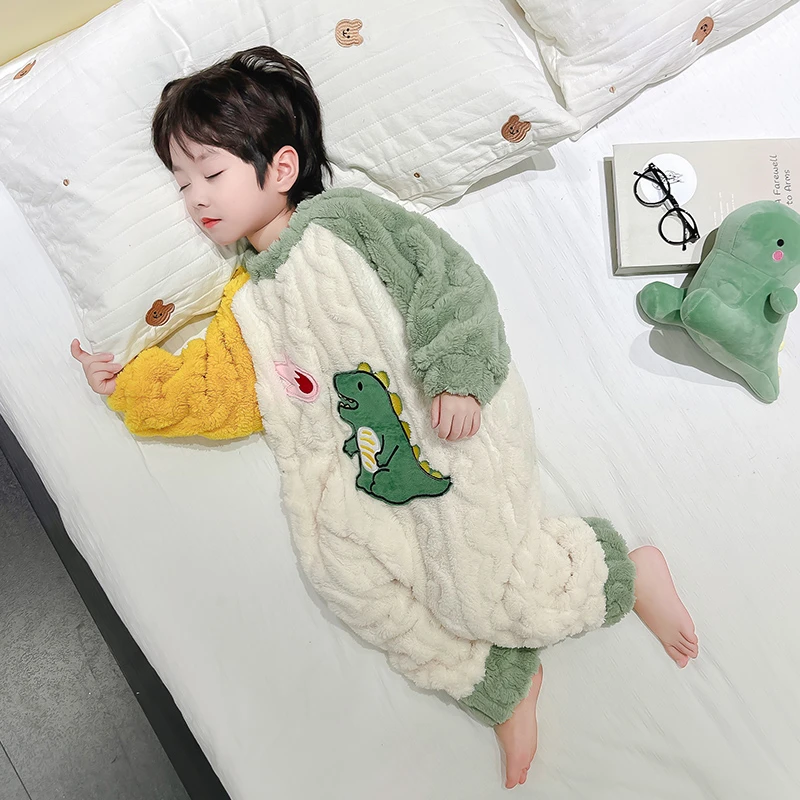 儿童连体法兰绒恐龙睡衣男童卡通家居服女孩珊瑚绒宝宝秋冬季爬服