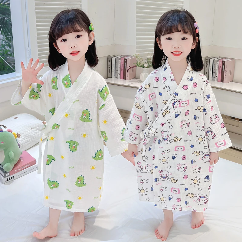 儿童长袖纯棉宝宝浴袍女童夏季纱布空调服睡衣春秋男女童家居睡袍