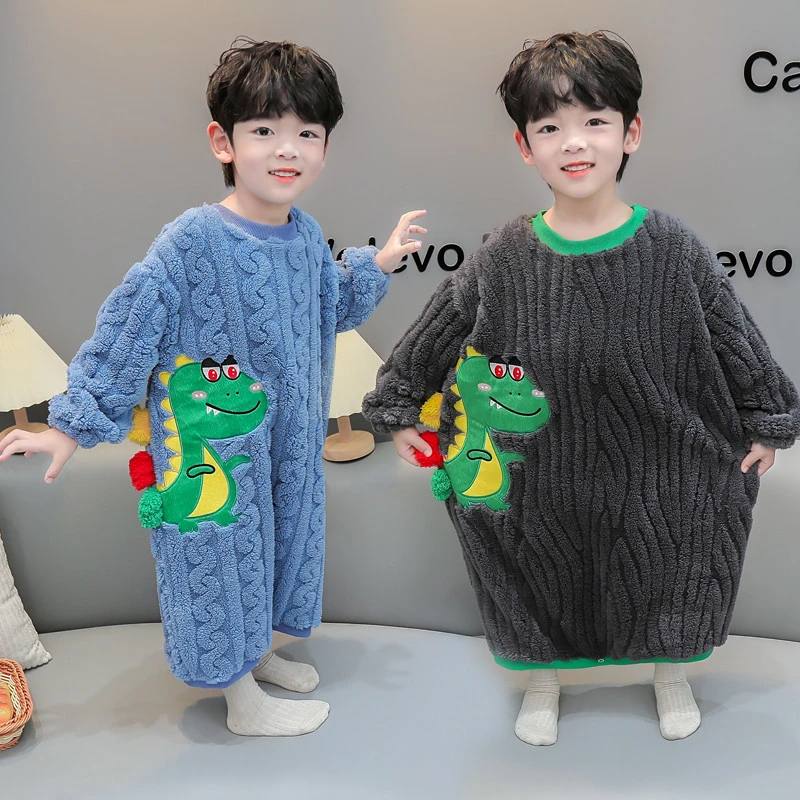 儿童珊瑚绒睡衣男童秋冬季法兰绒睡袍男孩宝宝冬款睡裙家居服浴袍
