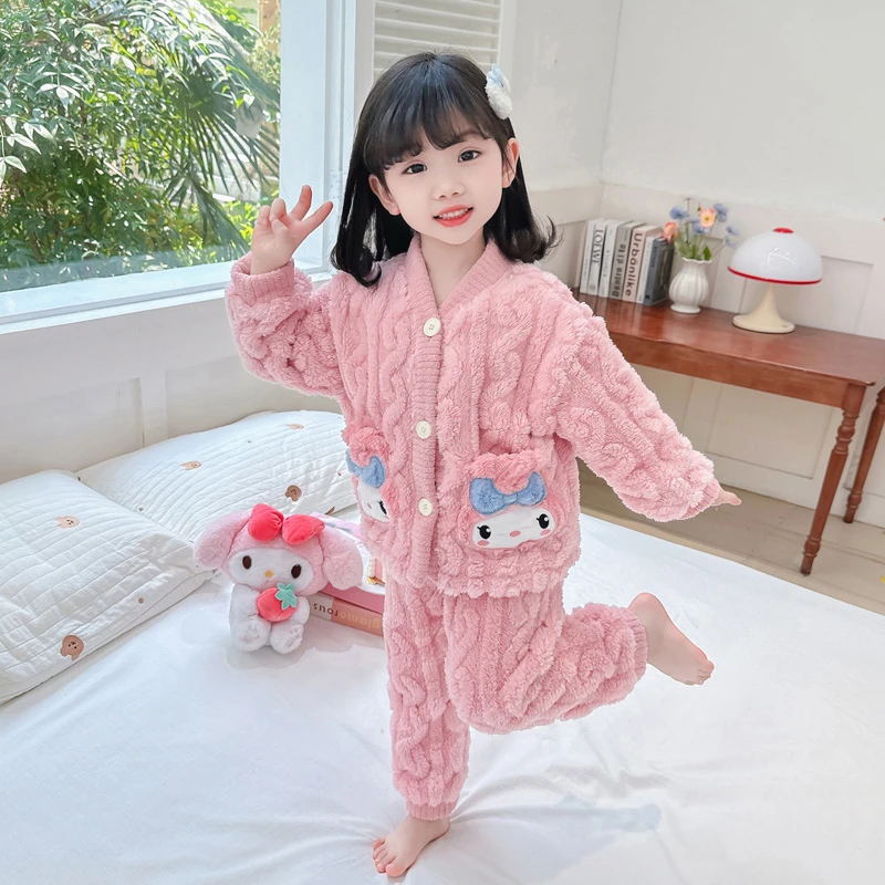 儿童睡衣女孩冬季珊瑚绒加厚款公主加绒套装女童宝宝法兰绒家居服
